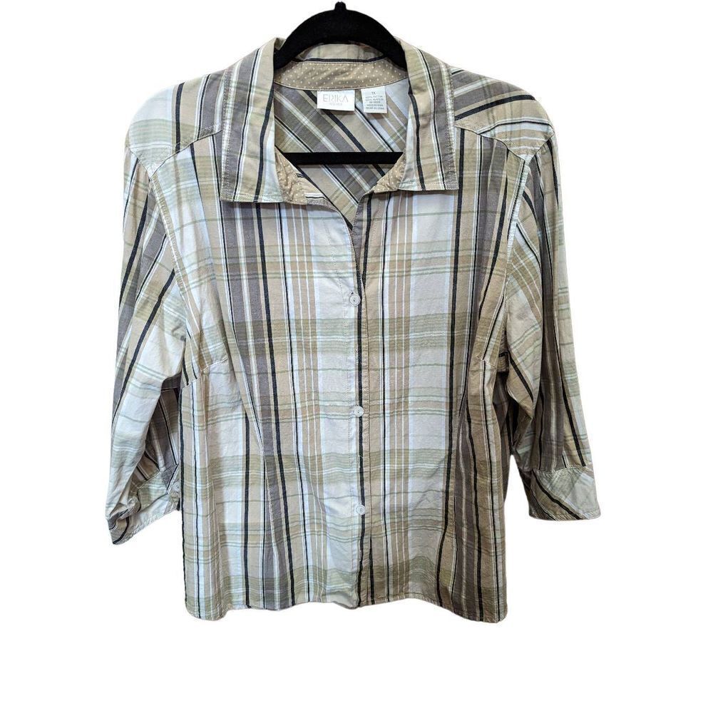 Erika Women's 1X Tan White Plaid Cotton Button-Up Shirt